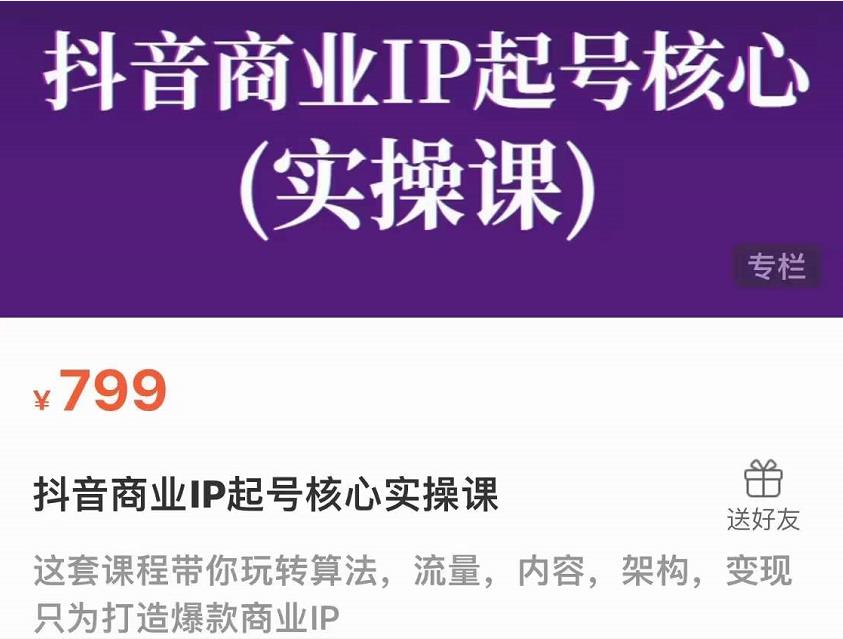抖音商业IP起号核心实操课，带你玩转算法，流量，内容，架构，变现-逐浪前行