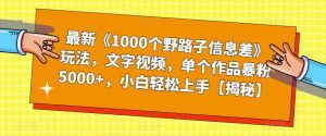 最新《1000个野路子信息差》玩法,文字视频,单个作品暴粉5000+,小白轻松上手【揭秘】-逐浪前行