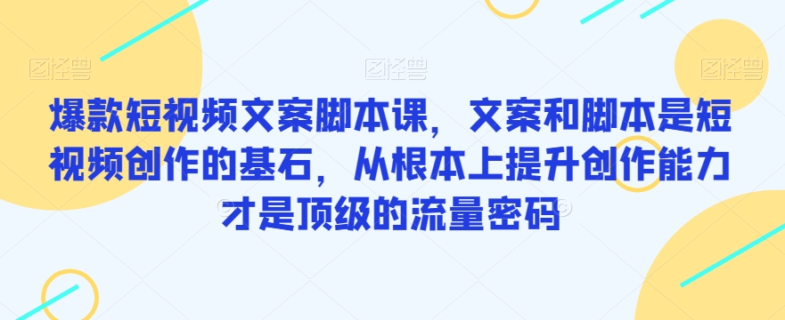爆款短视频文案脚本课，文案和脚本是短视频创作的基石，从根本上提升创作能力才是顶级的流量密码-逐浪前行