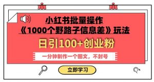小红书批量操作《1000个野路子信息差》玩法,一分钟制作一个图文,不封号,日引100+创业粉-逐浪前行