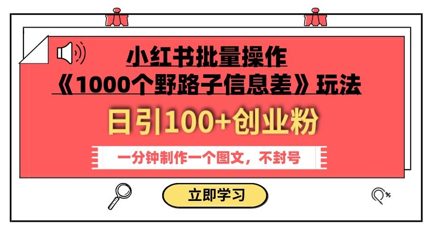 小红书批量操作《1000个野路子信息差》玩法，一分钟制作一个图文，不封号，日引100+创业粉-逐浪前行