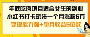年底吃肉项目适合女生的副业小红书打卡玩法一个月涨粉6万+变现能力强+单月收益5位数【揭秘】-逐浪前行