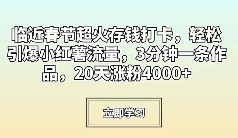 临近春节超火存钱打卡，轻松引爆小红薯流量，3分钟一条作品，20天涨粉4000+【揭秘】-逐浪前行