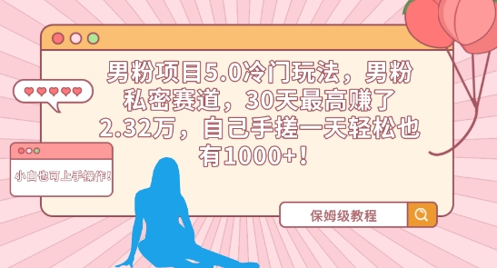男粉项目5.0冷门玩法，男粉私密赛道，30天最高赚了2.32万，自己手搓一天轻松也有1000+【揭秘】-逐浪前行