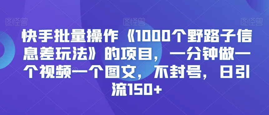 快手批量操作《1000个野路子信息差玩法》的项目，一分钟做一个视频一个图文，不封号，日引流150+【揭秘】-逐浪前行