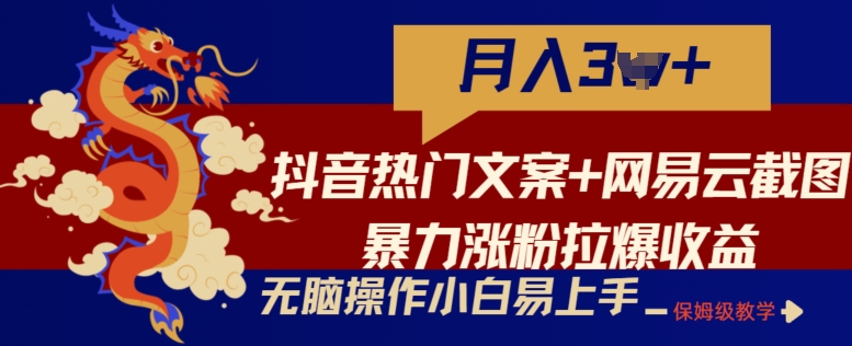 抖音热门文案+网易云截图暴力涨粉拉爆收益玩法，小白无脑操作，简单易上手【揭秘】-逐浪前行