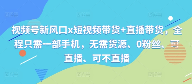 视频号新风口x短视频带货+直播带货，全程只需一部手机，无需货源、0粉丝、可直播、可不直播-逐浪前行