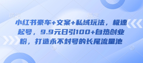 小红书豪车+文案+私域玩法，极速起号，9.9元日引100+自热创业粉，打造永不封号的长尾流量池-逐浪前行