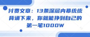 付费文章:13条深层内幕统统背诵下来,你就能挣到自己的第一笔1000W-逐浪前行