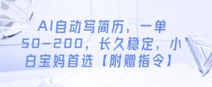 AI自动写简历，一单50-200，长久稳定，小白宝妈首选【附赠指令】-逐浪前行