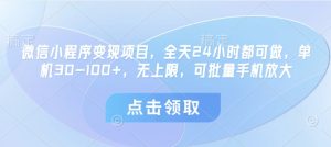 微信小程序变现项目，全天24小时都可做，单机30-100+，无上限，可批量手机放大-逐浪前行