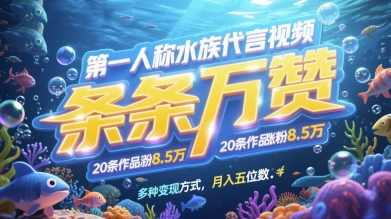 第一人称水族代言视频，条条万赞，20条作品涨粉7.8W，多种变现方式月入五位数-逐浪前行