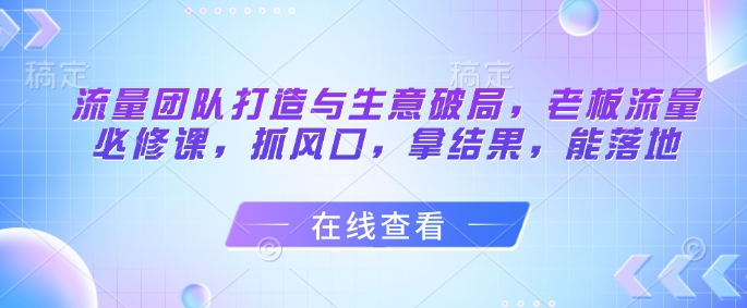 流量团队打造与生意破局，老板流量必修课，抓风口，拿结果，能落地-逐浪前行
