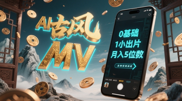 AI一键生成古风音乐MV，0剪辑基础1小时出片，多种变现渠道，一部手机月入5位数-逐浪前行