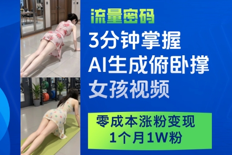 3分钟掌握AI生成俯卧撑女孩视频，零成本涨粉变现，1个月1W粉-逐浪前行