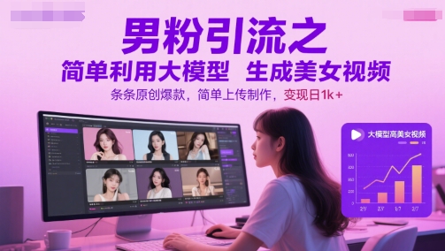 男粉引流之简单利用大模型生成美女视频，条条原创爆款，简单上传制作，变现日1k+-逐浪前行